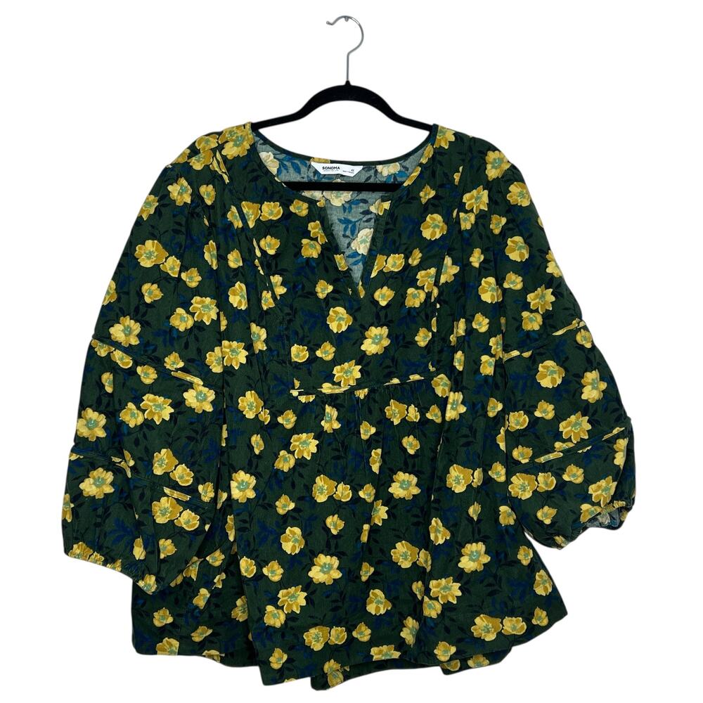 Sonoma Shirred Ballon Sleeve Y Neck Green Floral V Neck corduroy Blouse Size 4X